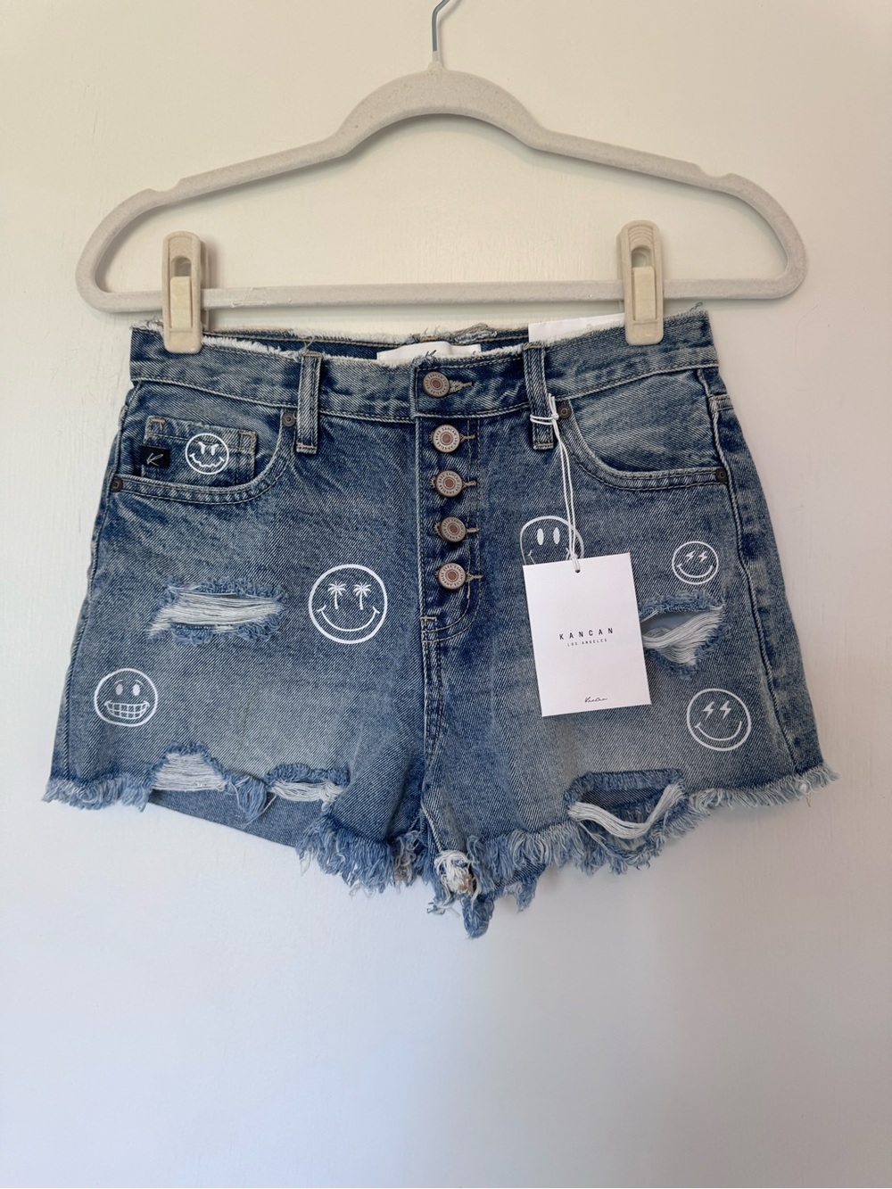 KanCan Blue Distressed High-Rise Button Fly Denim Shorts NWT